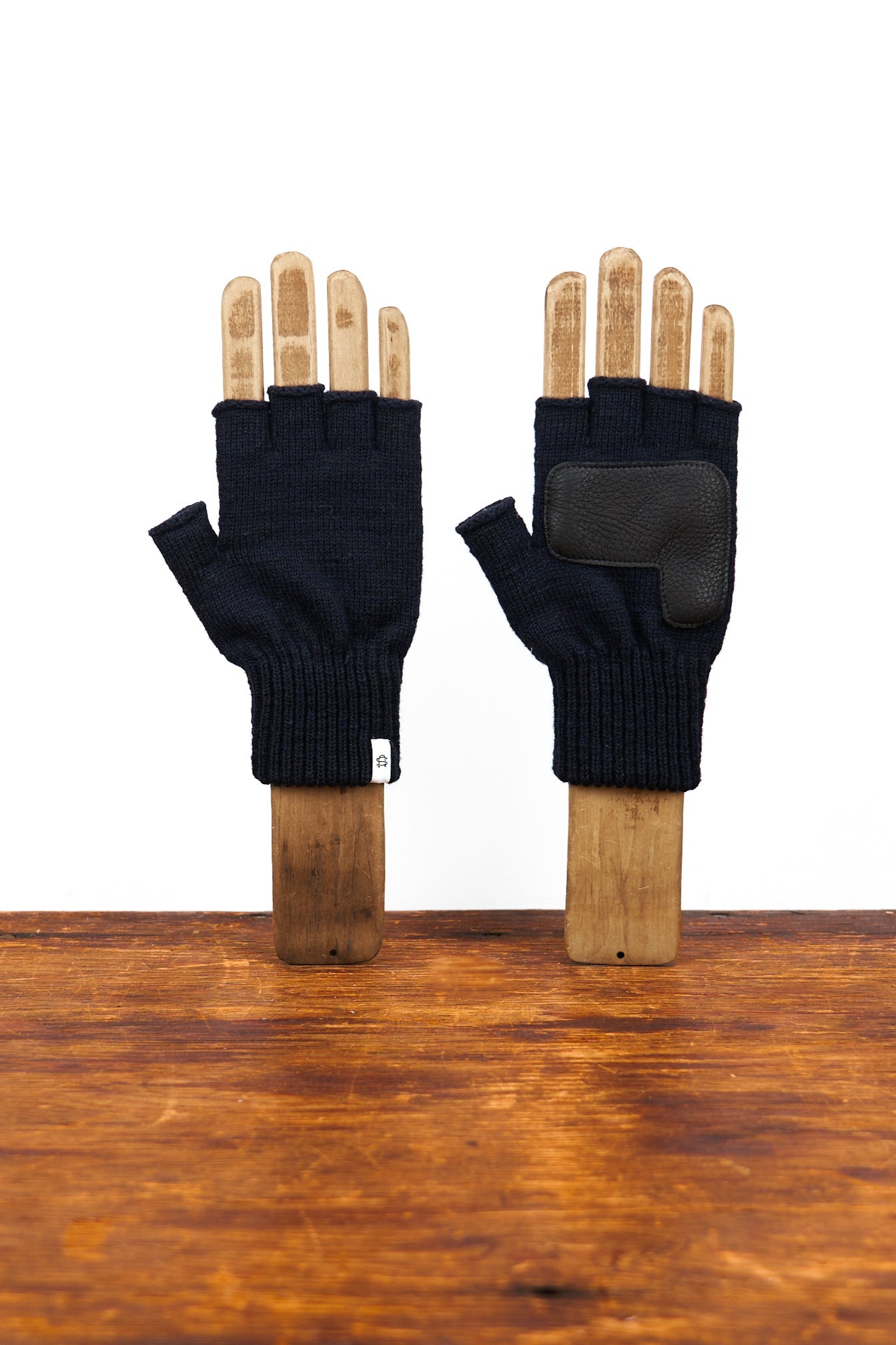 Navy Melange Fingerless Glove with Black Deerskin Palm