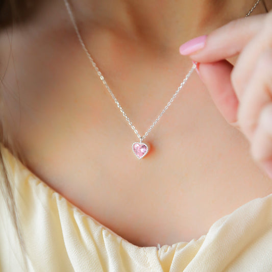 SWEET TALK - 925 Sterling Silver Necklace with Pink Zircon Heart