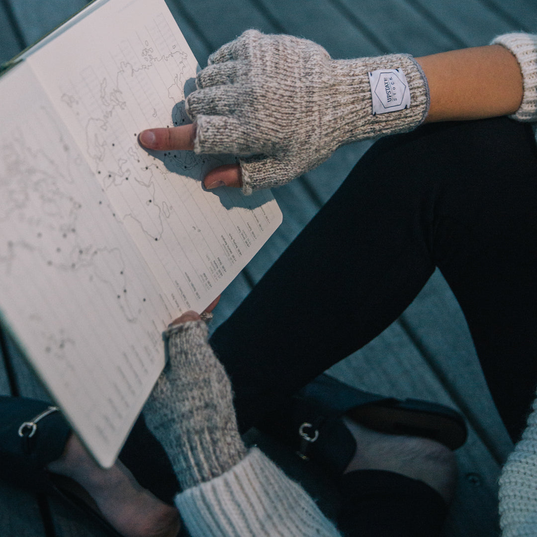 Navy Melange Fingerless Glove with Black Deerskin Palm