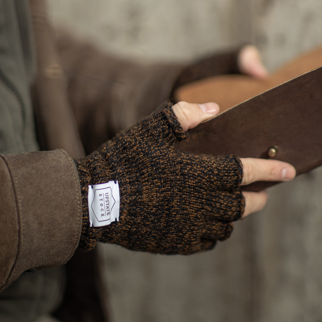 Navy Melange Fingerless Glove with Natural Deerskin Palm